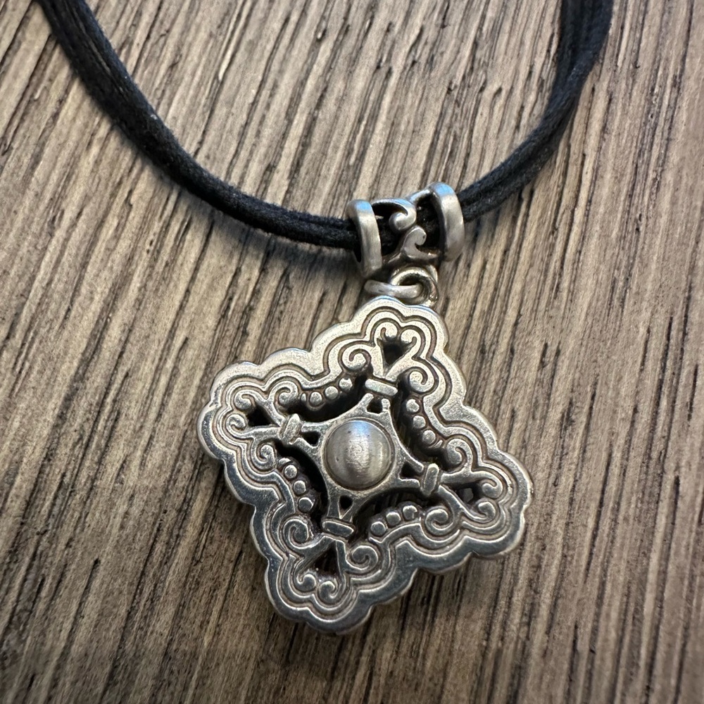 Brighton Silver Filigree Pendant Necklace Black Cord Adjustable